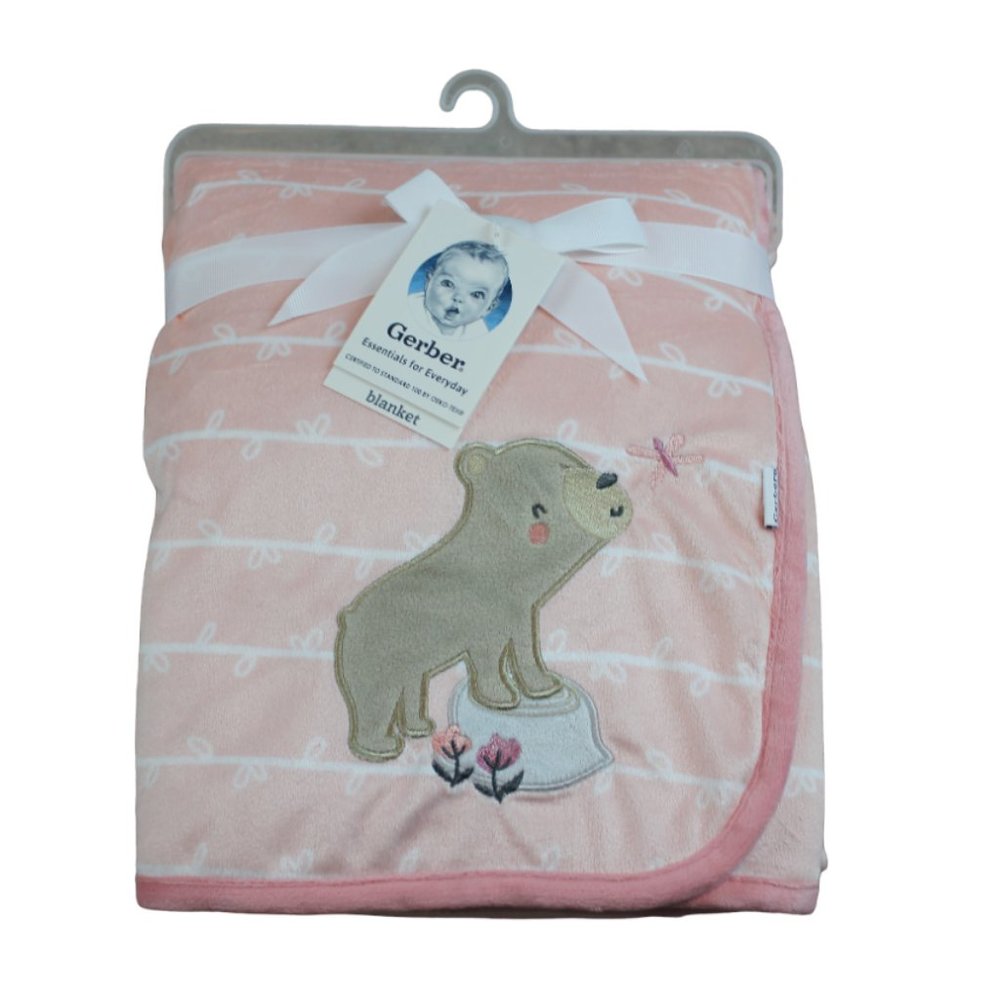 Gerber Bear Butterfly Peach Pink Sherpa Fleece Baby Blanket Infant Girls NWT HTF
